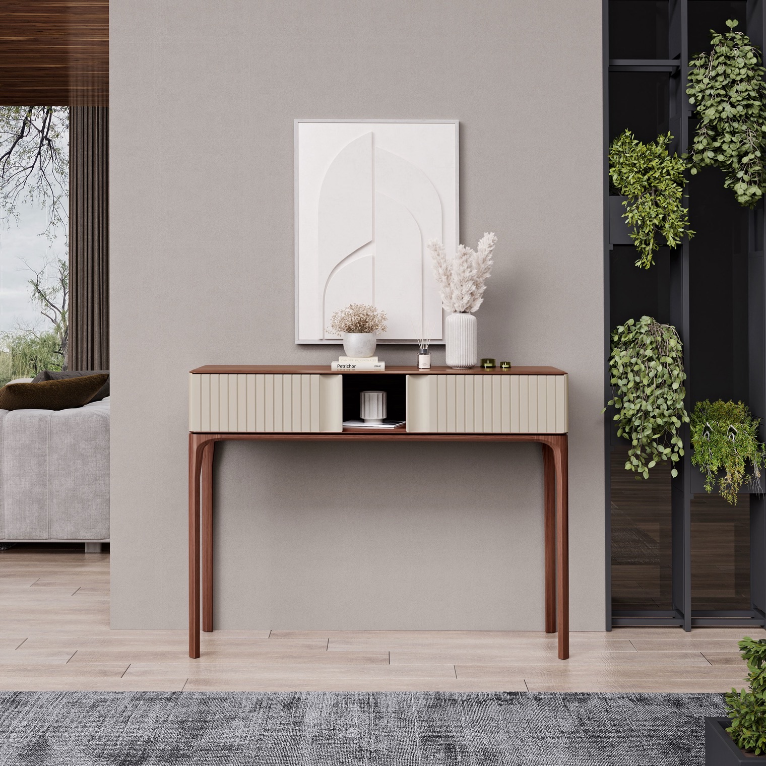 Móvel Essense em carvalho natural com detalhes metálicos